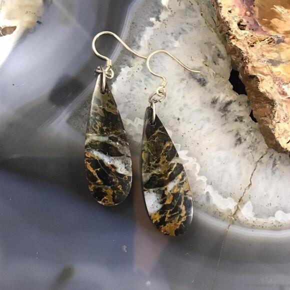 Sterling Silver Elongated Teardrop Black Mizone Slab Dangle Earrings #214 - Picture 7 of 10